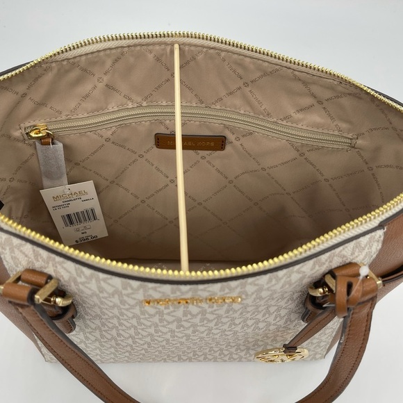 Michael Kors Charlotte Tote Bag Vanilla/Brown - Picture 11 of 13